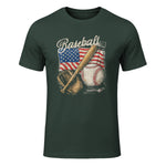 American Flag Baseball Player Bat Fan Catcher Pitcher USA T-Shirt in Forest Green - front view