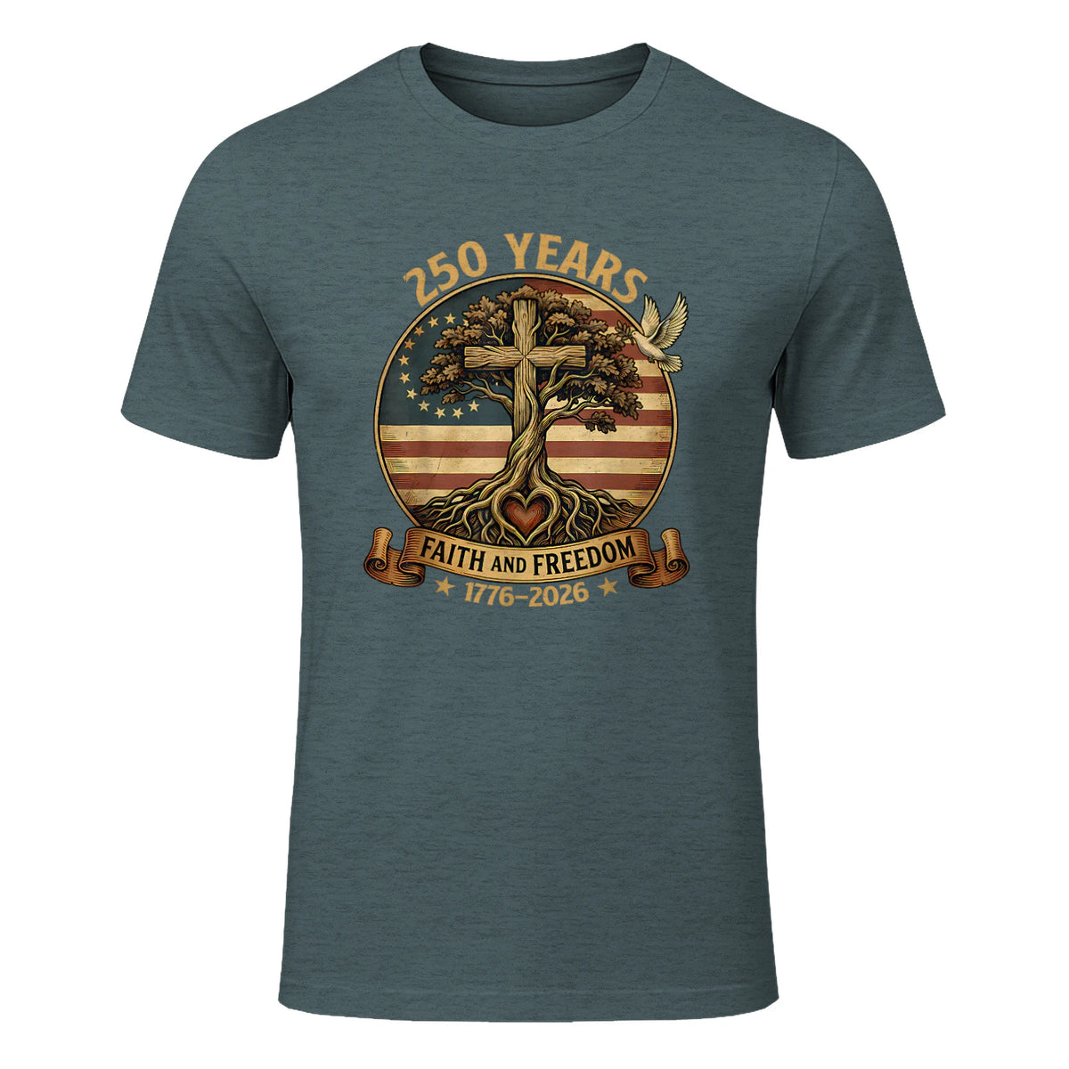 Faith and Freedom Christian USA Anniversary T-Shirt in Dark Heather - front view