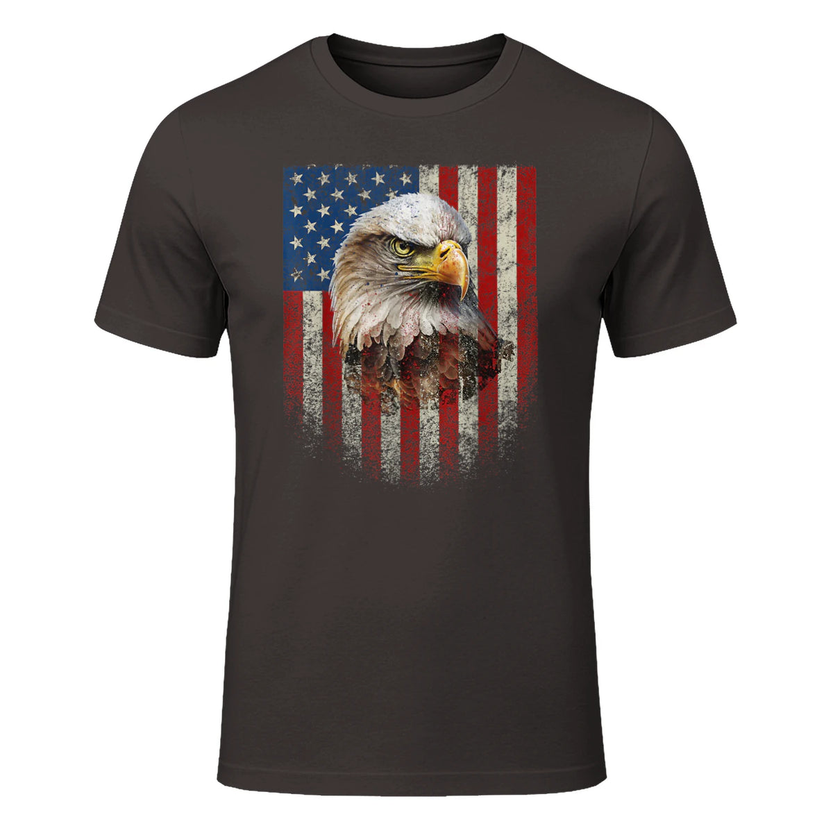 American Flag Bald Eagle Patriotic Red White Blue T-Shirt in Dark Chocolate - front view