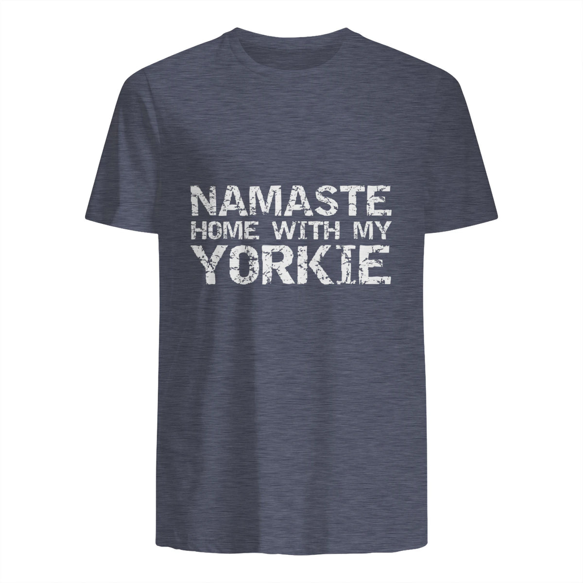 Funny Yoga Pun Introvert Saying Namaste Home with My Yorkie in Heather Navy - back view