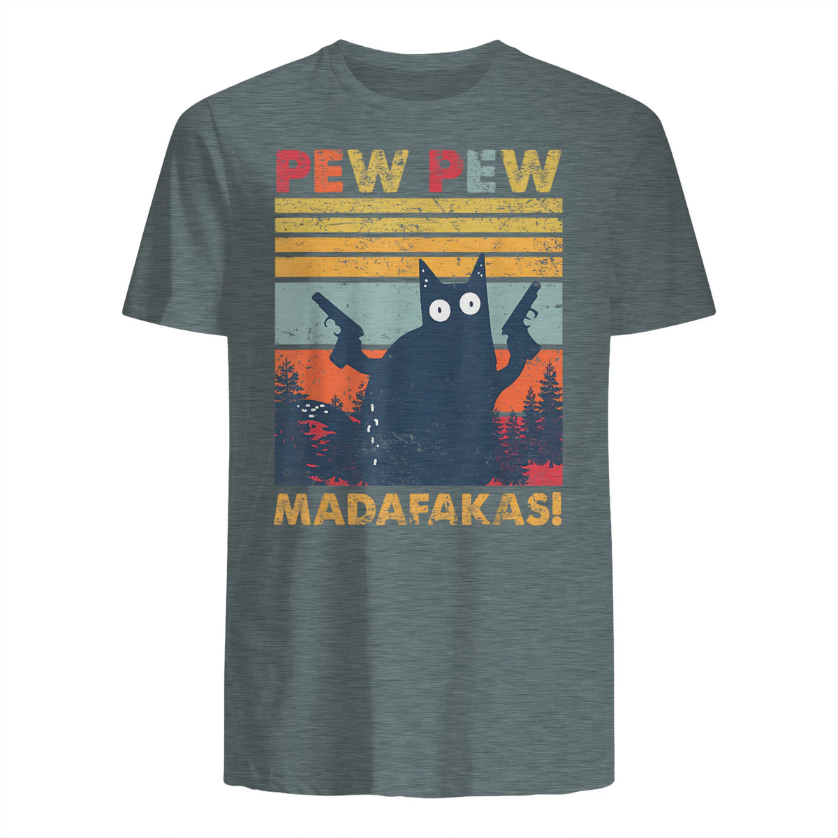 Pew Pew Madafakas Vintage verrückte Katze lustige Grafik in Dark Heather - back view