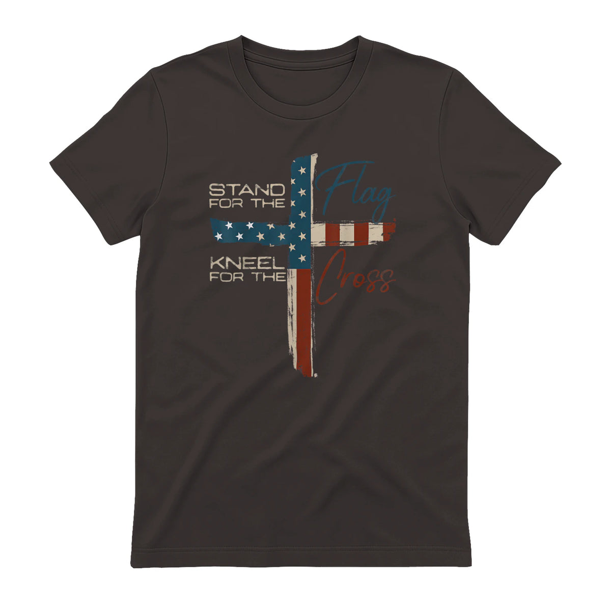 USA Flag Religious Quote Fourth of July Christian Faith T-Shirt in Dark Chocolate - back view