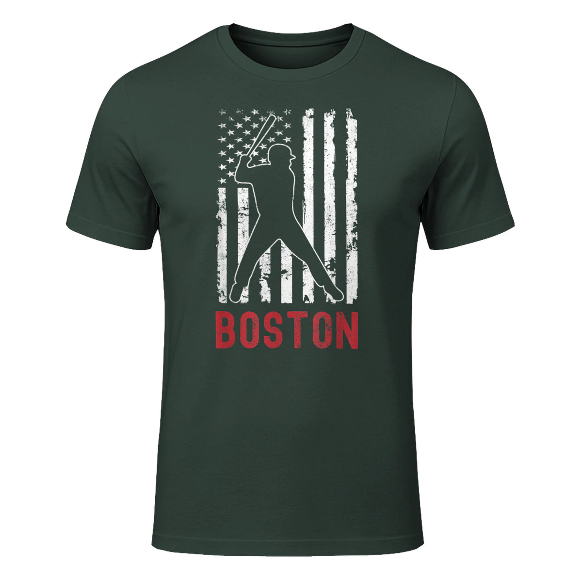 Boston Massachusetts American Flag Baseball Weathered T-Shirt in Forest Green - front view