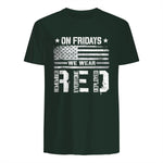 On Friday We Wear Red American Flag Military Supportive T-Shirt in Forest Green - back view