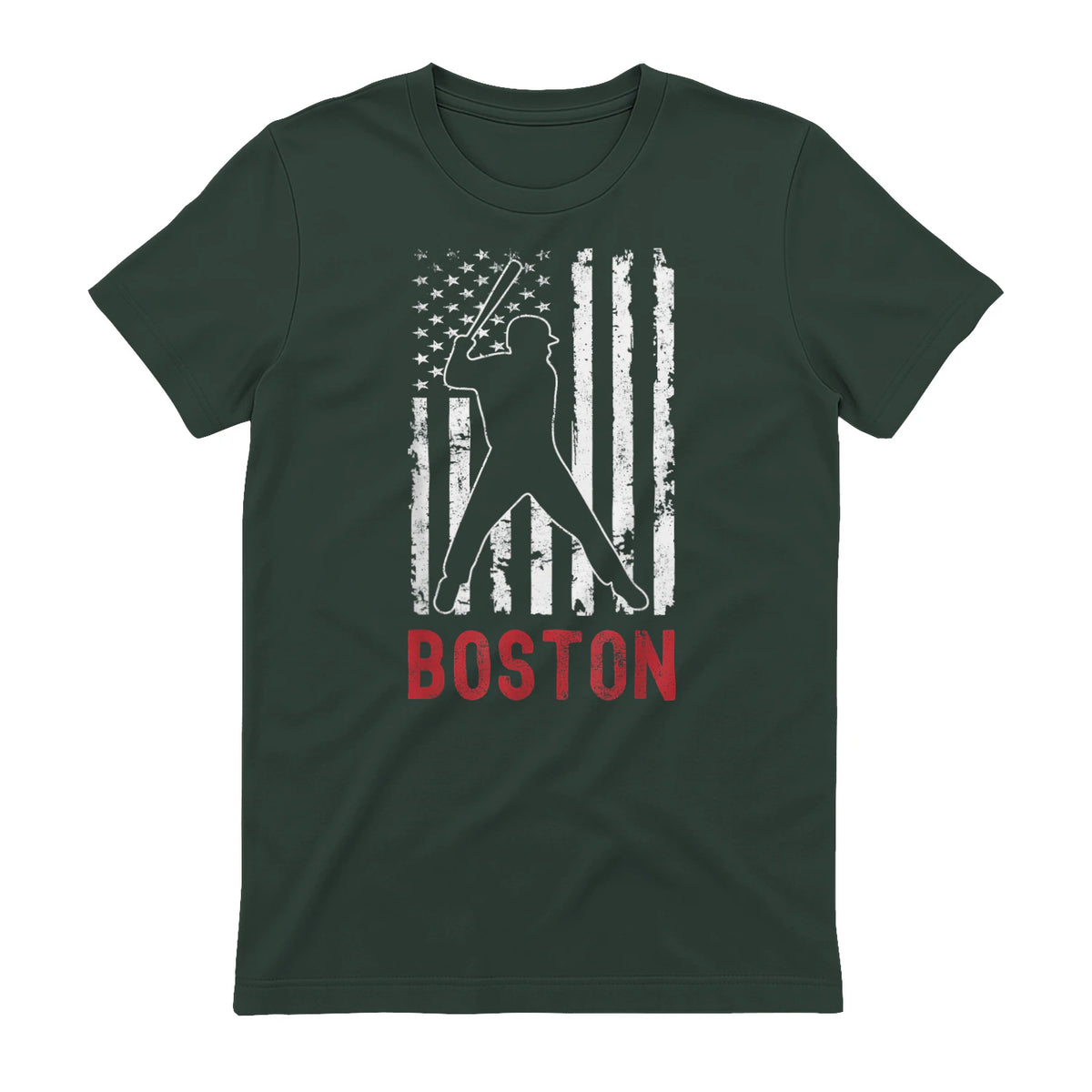 Boston Massachusetts American Flag Baseball Weathered T-Shirt in Forest Green - back view