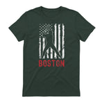 Boston Massachusetts American Flag Baseball Weathered T-Shirt in Forest Green - back view