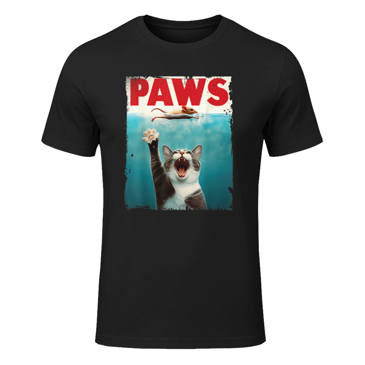 Paws Parody Cat Mouse Humorous Cat Chasing Mouse Kitten T-Shirt in Black - front view