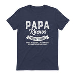 Papa Knows Everything Funny Father's Day Gift T-Shirt in Heather Navy - back view