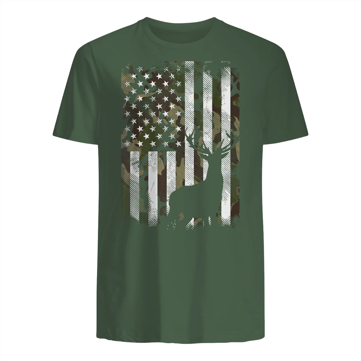 Camo US Flag Deer Elk Buck Camoflage Hunting Hunter Dad Gift Short Sleeve in Military Green - back view