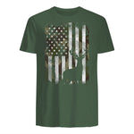 Camo US Flag Deer Elk Buck Camoflage Hunting Hunter Dad Gift Short Sleeve in Military Green - back view