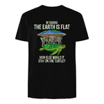 Flat Earth Society T Shirt Turtle Elephants Men Women Gift in Black - back view