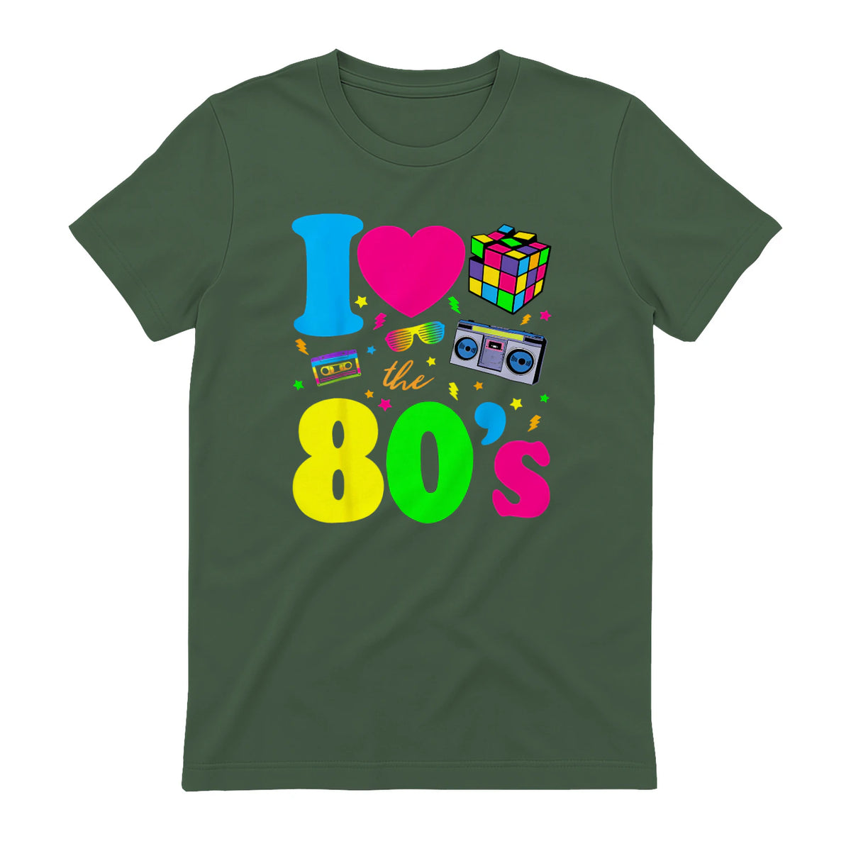 I Love the Eighties Classic Nostalgia T-Shirt in Military Green - back view