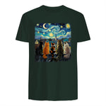 Funny Cat Starry Night Van Gogh Cats Rooftop Scene Feline T-Shirt in Forest Green - back view
