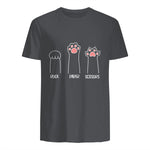 Introvert Cat Animal Rescue Pet Lover Apparel Rock Paper Scissors Hand Game Cute Paw Funny Cat T-Shirt in Charcoal - back view