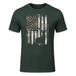 Camo US Flag Deer Elk Buck Camoflage Hunting Hunter Dad Gift Short Sleeve in Forest Green - front view