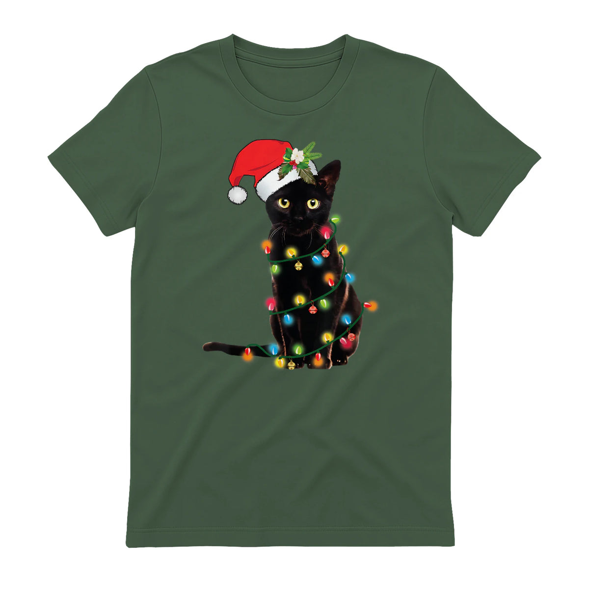 Santa Black Cat Tangled Up In Christmas Tree Lights Holiday in Military Green - back view