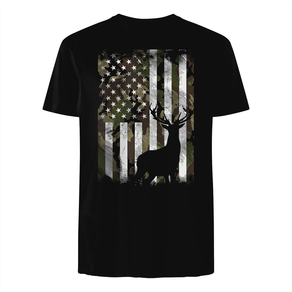 Camo US Flag Deer Elk Buck Camoflage Hunting Hunter Dad Gift Short Sleeve in Black - back view