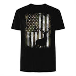 Camo US Flag Deer Elk Buck Camoflage Hunting Hunter Dad Gift Short Sleeve in Black - back view