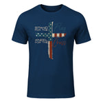 USA Flag Religious Quote Fourth of July Christian Faith T-Shirt in Navy - front view