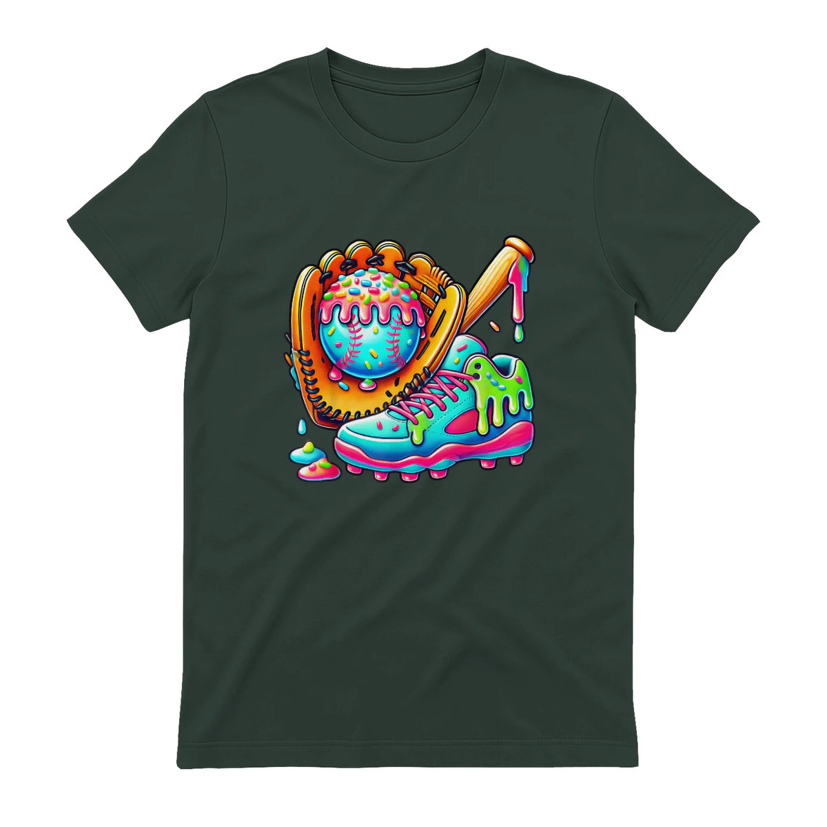 Ice Cream Drip Baseball Stuff Baseball Drip for Boys Graphic T-Shirt in Forest Green - back view