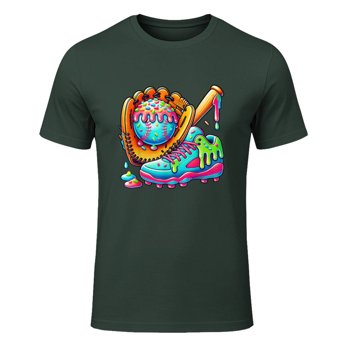 Ice Cream Drip Baseball Stuff Baseball Drip for Boys Graphic T-Shirt in Forest Green - front view