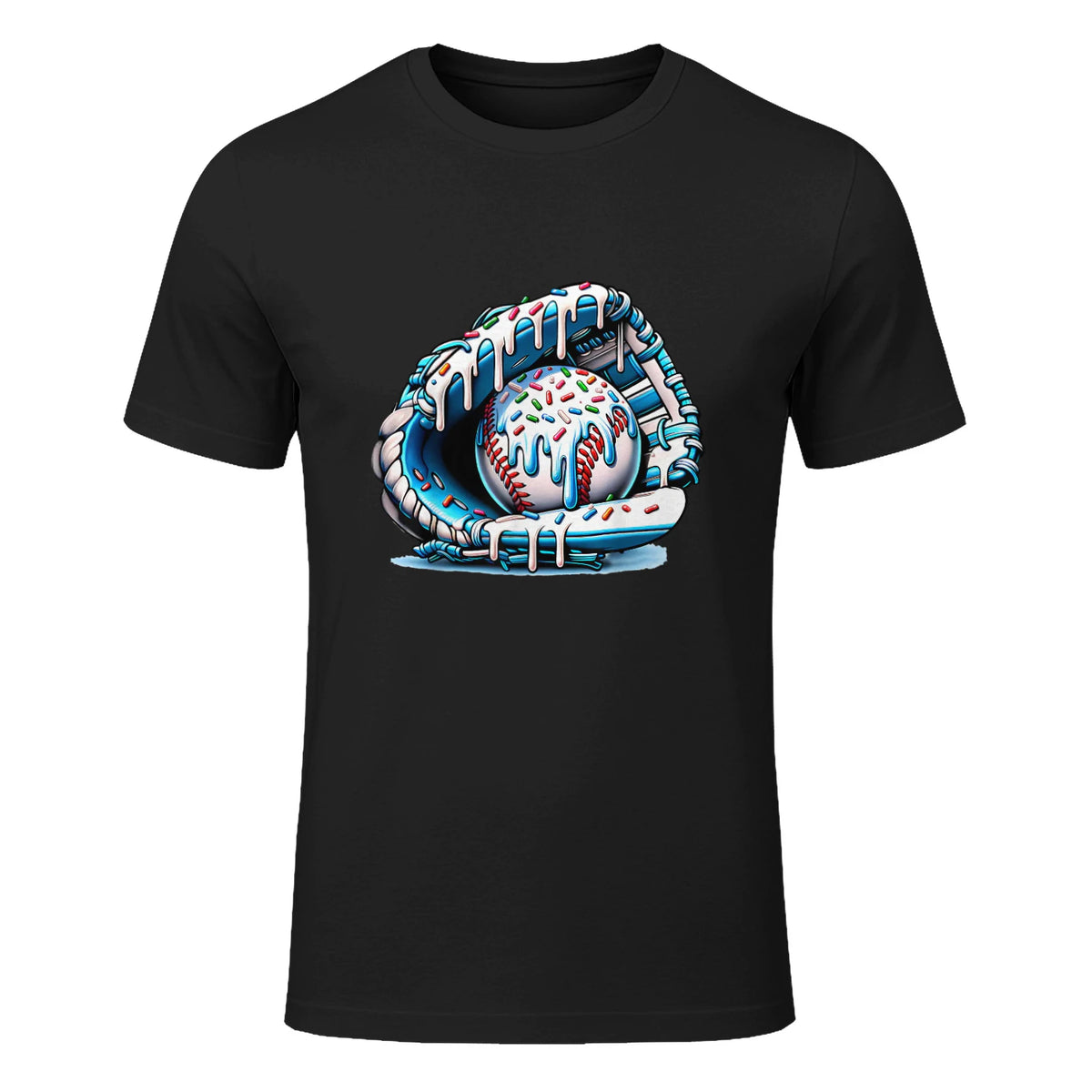 Baseball Drip Ice Cream Sprinkles Baseball Glove T-Shirt in Black - front view