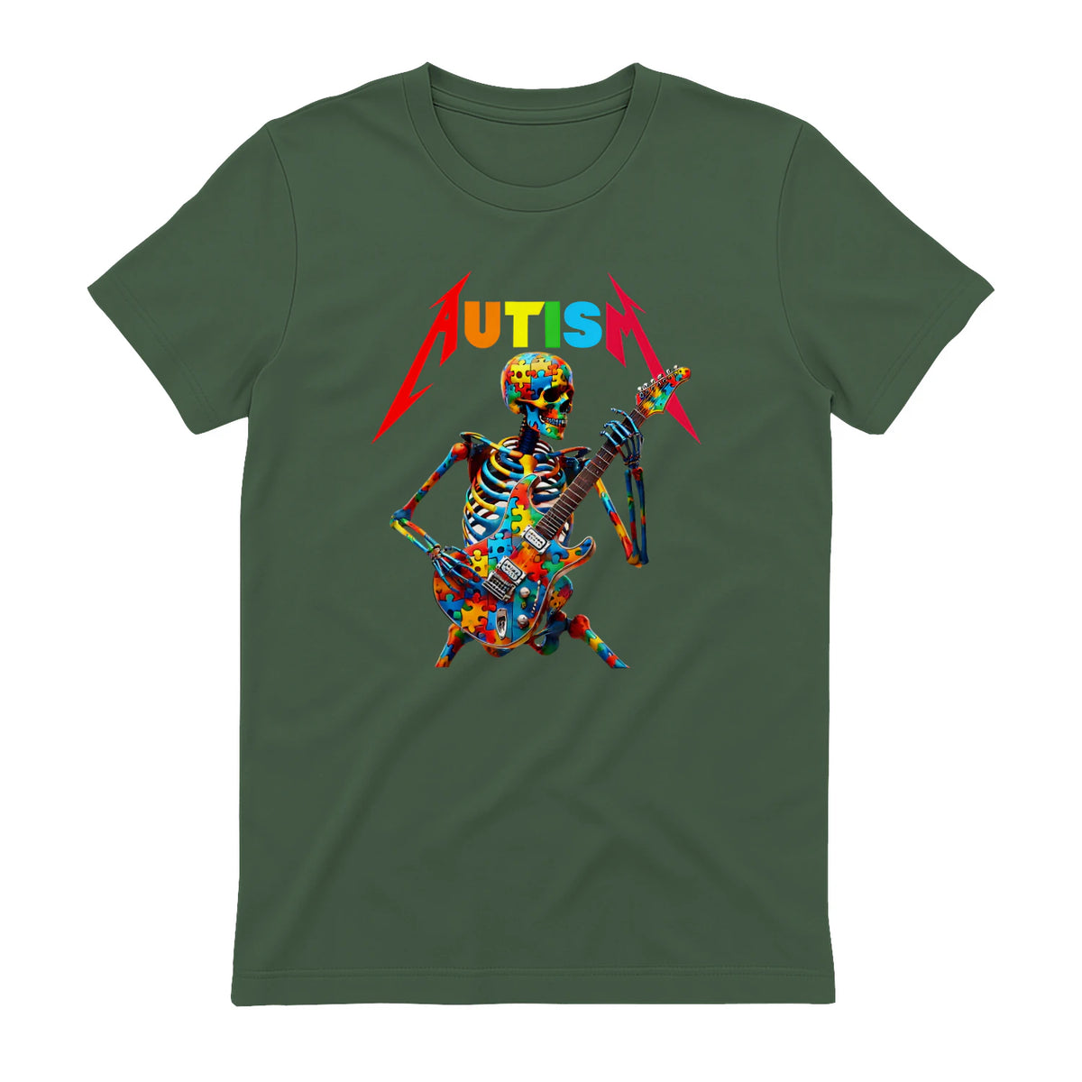Autism Skeleton Guitar Player Rock Music Autism Awareness in Military Green - back view