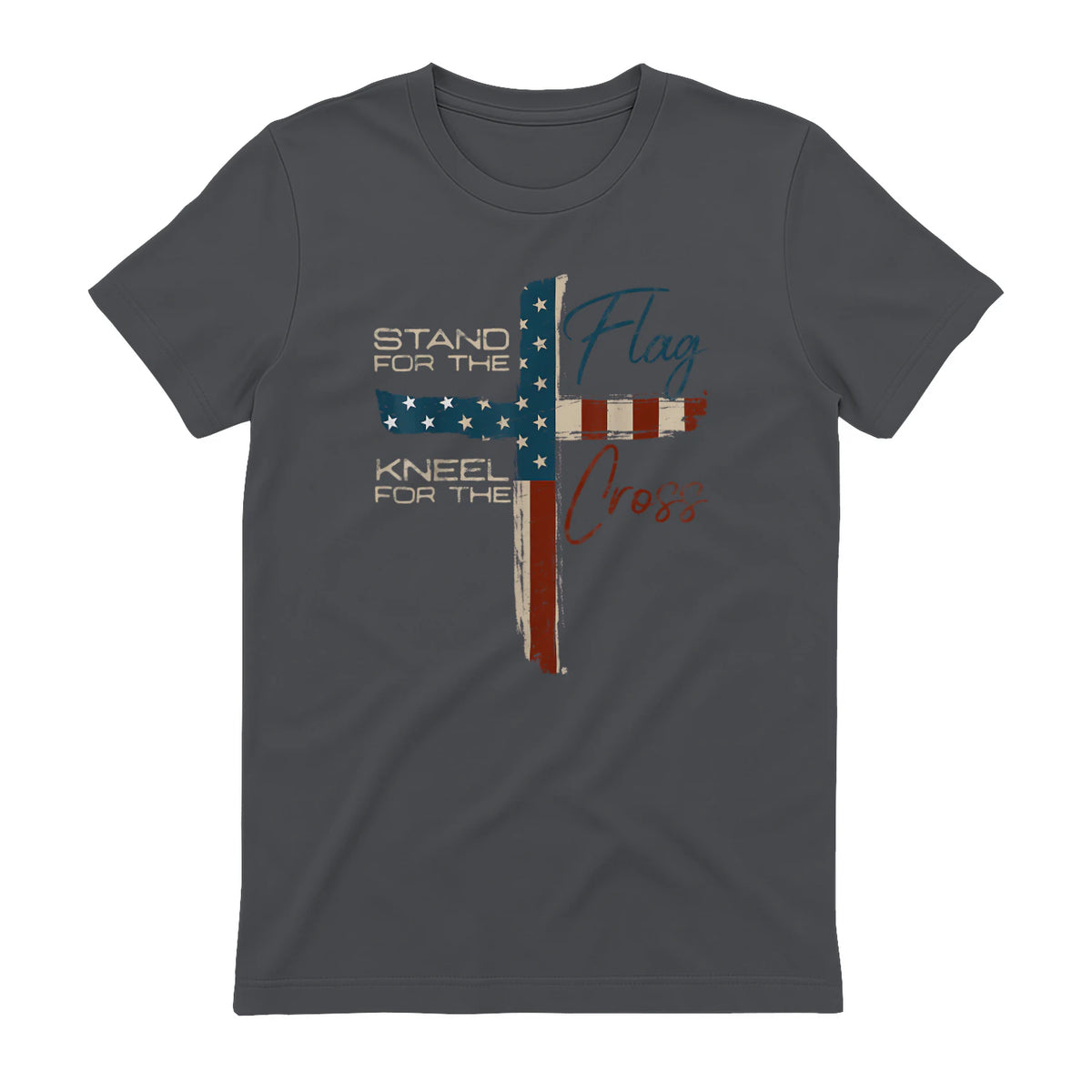 USA Flag Religious Quote Fourth of July Christian Faith T-Shirt in Charcoal - back view