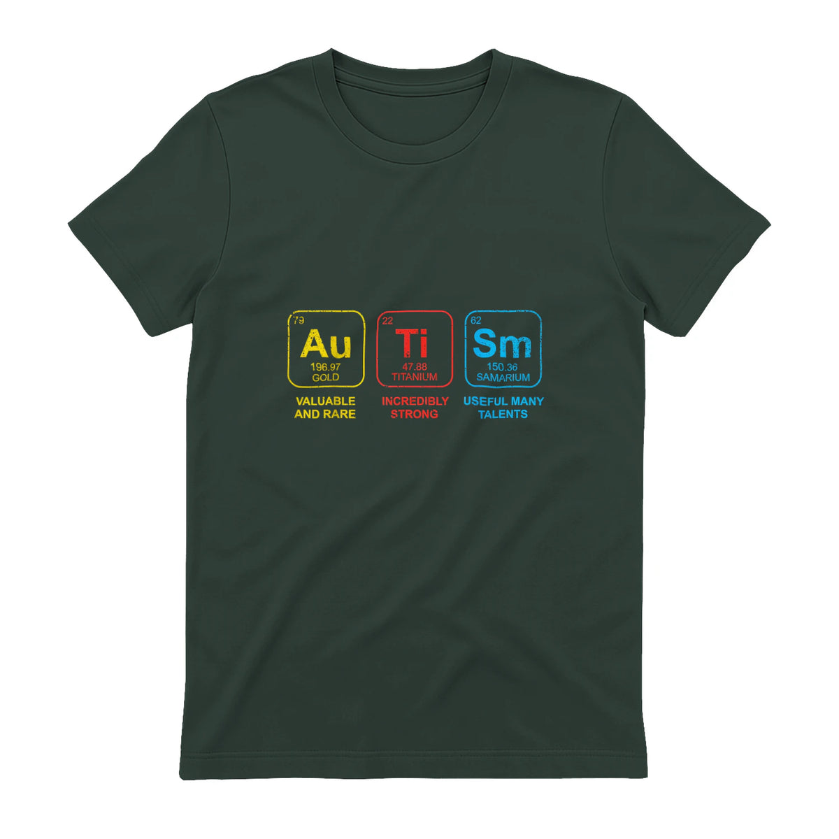 Autism Awareness Periodic Table ASD T-Shirt in Forest Green - back view