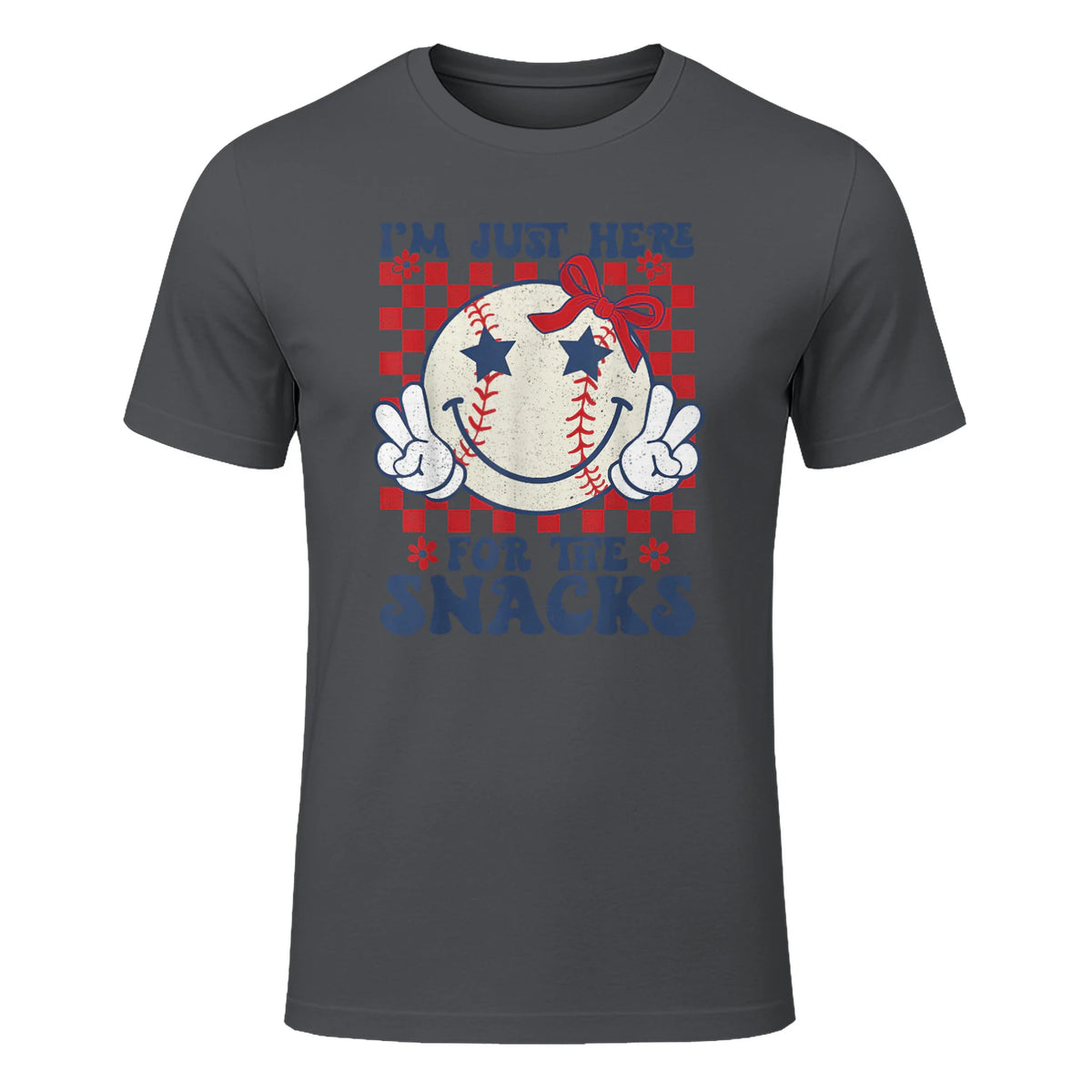 Retro Baseball Sister I'm Just Here for The Snacks Girls Mom T-Shirt in Charcoal - front view