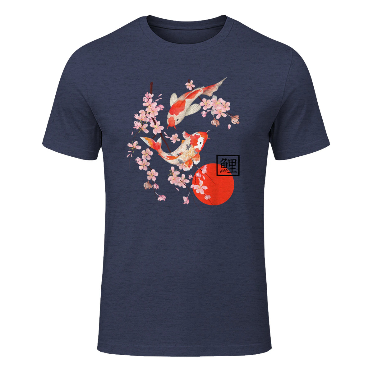 Cherry Blossom Koi Carpe Fish Japanese Sakura Art Graphique in Heather Navy - front view