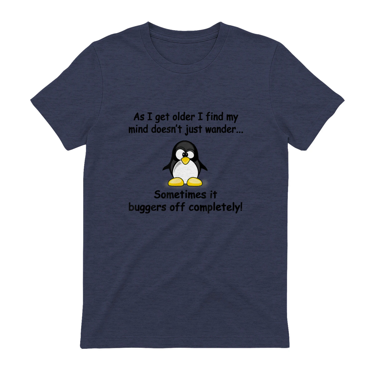 Funny silly penguin t-shirt mens ladies retirement gift in Heather Navy - back view