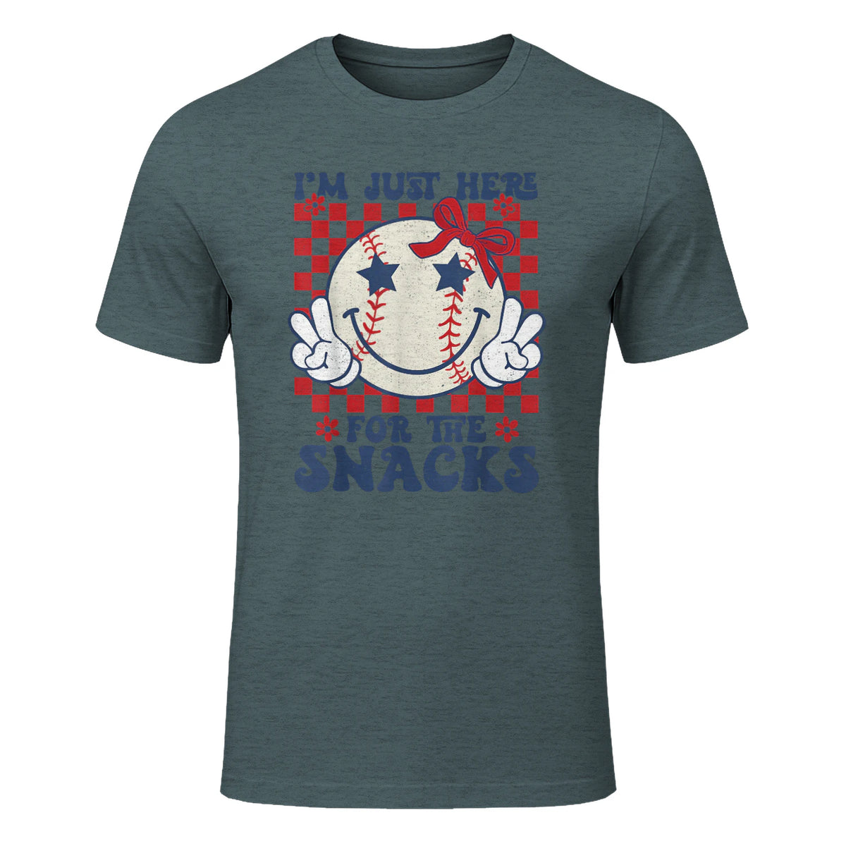 Retro Baseball Sister I'm Just Here for The Snacks Girls Mom T-Shirt in Dark Heather - front view