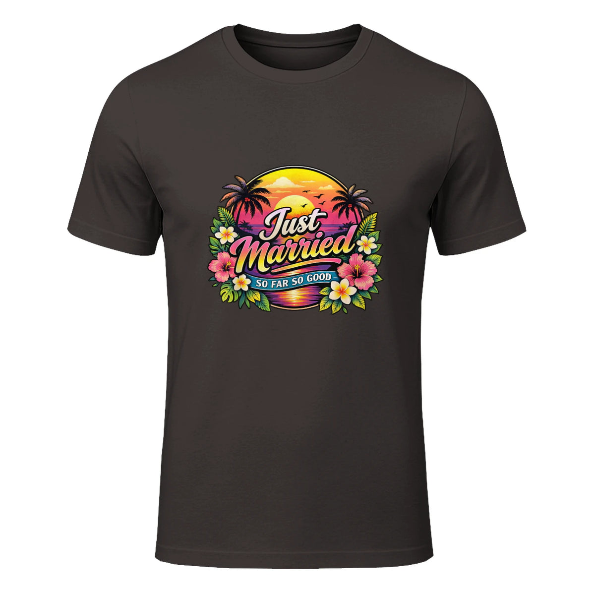 Couple de Jeunes mariés drôle Just Married Tropical Honeymoon in Dark Chocolate - front view