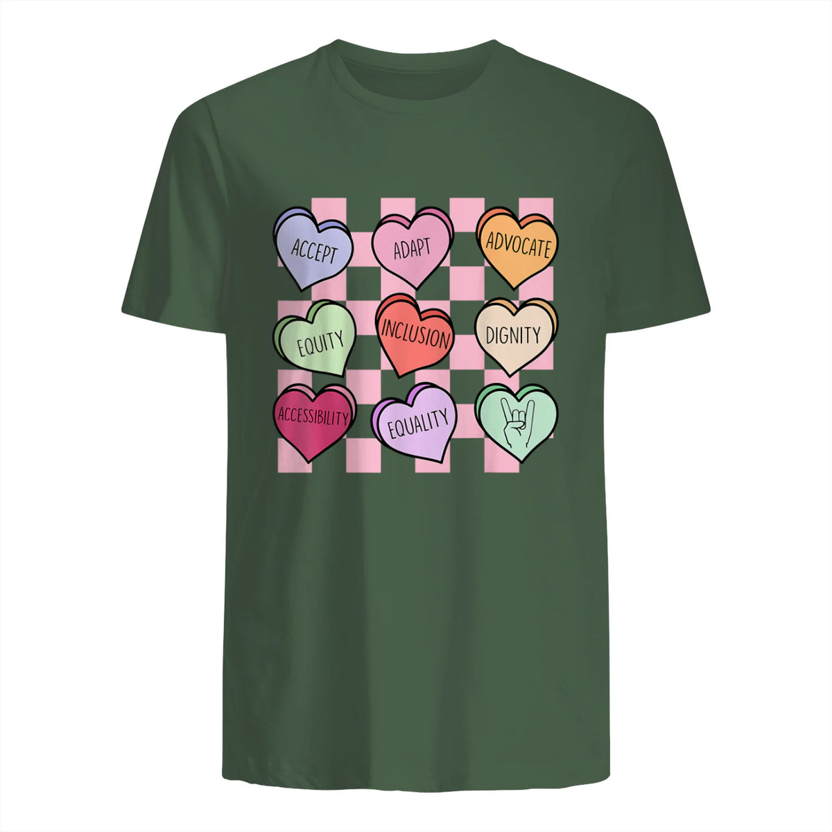 Special Education Teacher Candy Heart Valentines Day Love T-Shirt in Military Green - back view