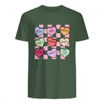 Special Education Teacher Candy Heart Valentines Day Love T-Shirt in Military Green - back view