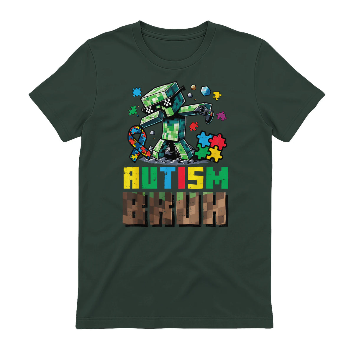 Autism Bruh Dab ASD Awareness Gamer Boys Kids Youth in Forest Green - back view