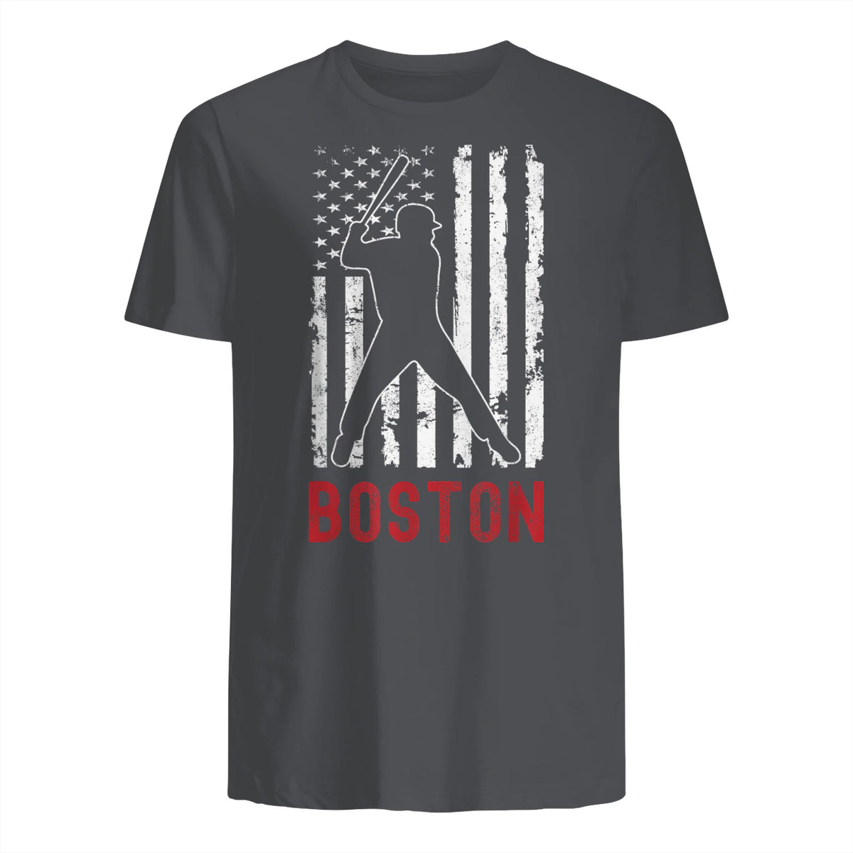 Boston Massachusetts American Flag Baseball Weathered T-Shirt in Charcoal - back view