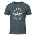 Funny Fishing Reel Cool Papa Dad Joke T-Shirt in Dark Heather - front view