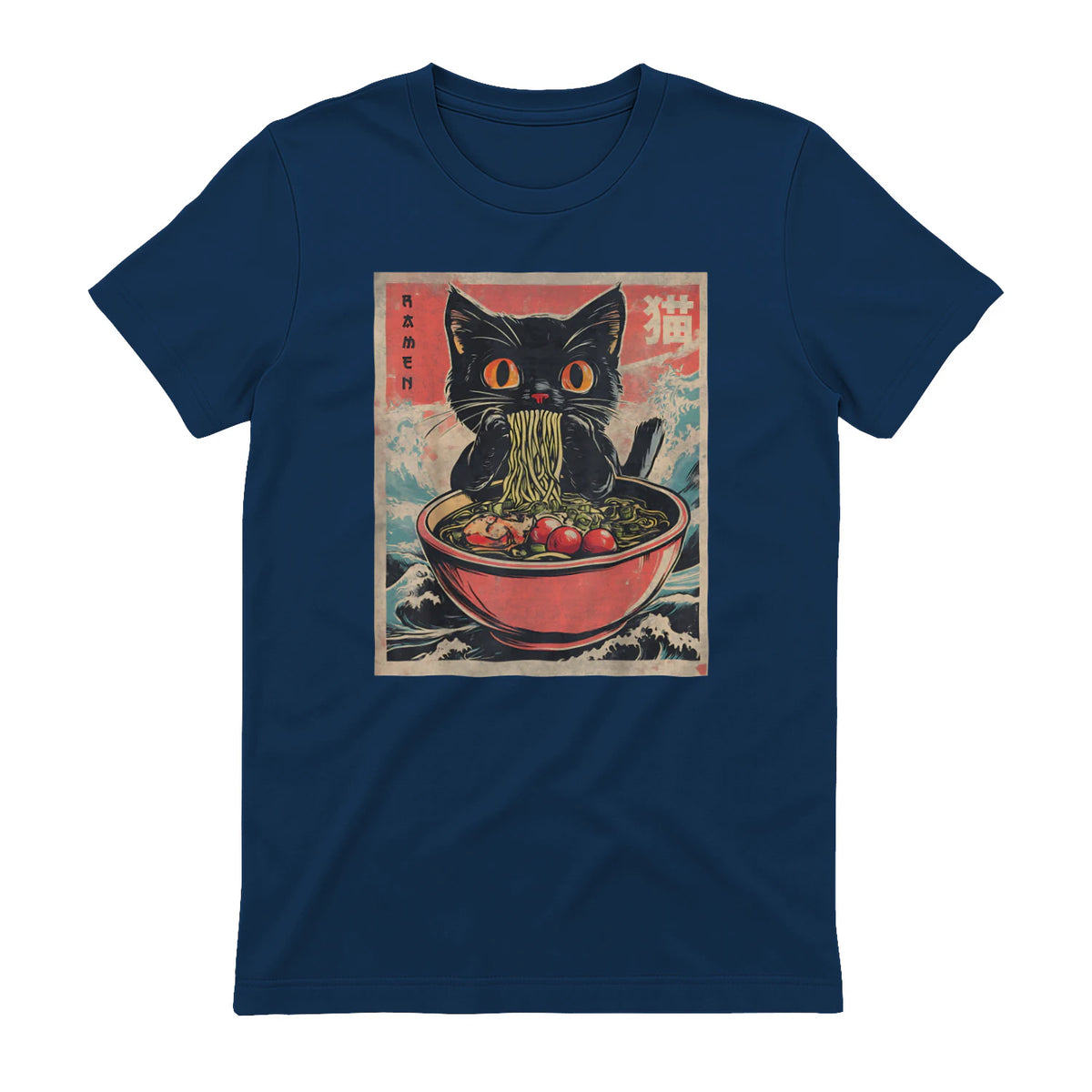 Unisex Adults Cat Ramen Japanese Funny Graphic Tees Kawaii Cat Anime Gifts T-Shirt in Navy - back view