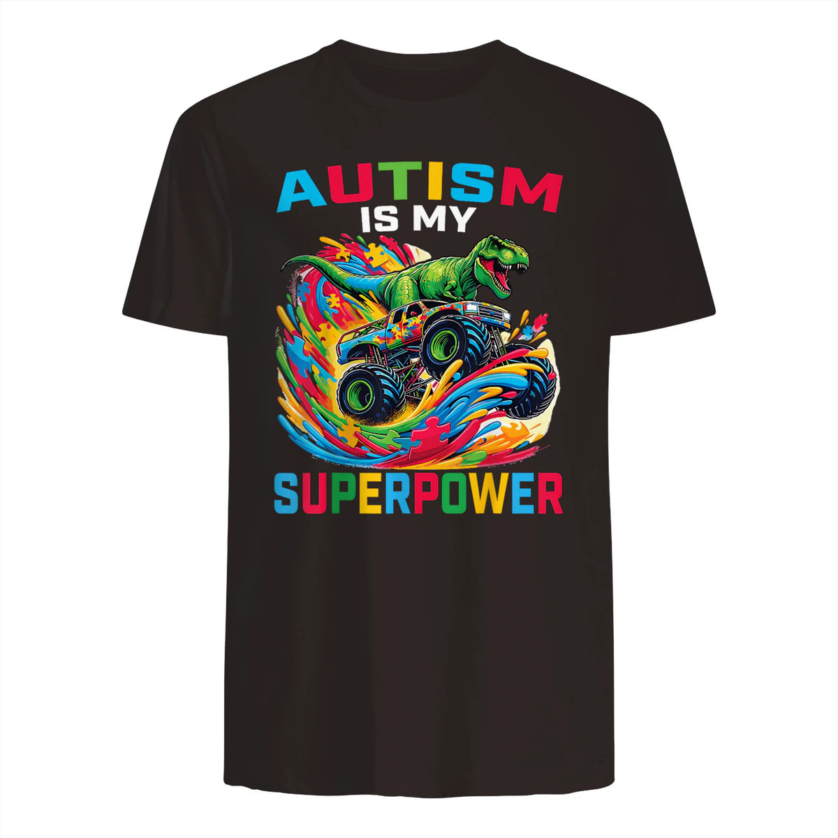 Autism is My Superpower Dino T Rex Monster Truck Kids Boys in Dark Chocolate - back view