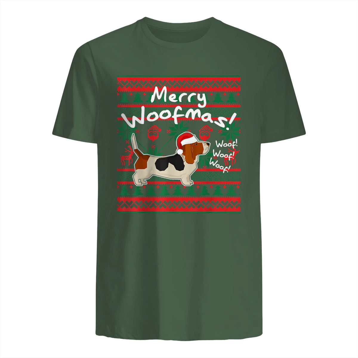 Basset Hound Chemise de Noël Merry Woofmas Père Noël Chien in Military Green - back view