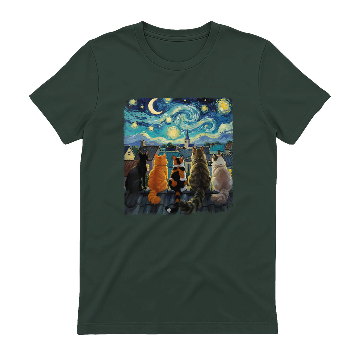 Funny Cat Starry Night Van Gogh Cats Rooftop Scene Feline T-Shirt in Forest Green - back view