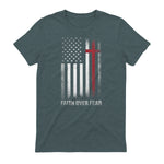 Christian US USA Flag American Christ Faith Over Fear Cross T-Shirt in Dark Heather - back view