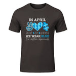 In April We Wear Blue Autism Awareness T-Shirt in Dark Chocolate - front view