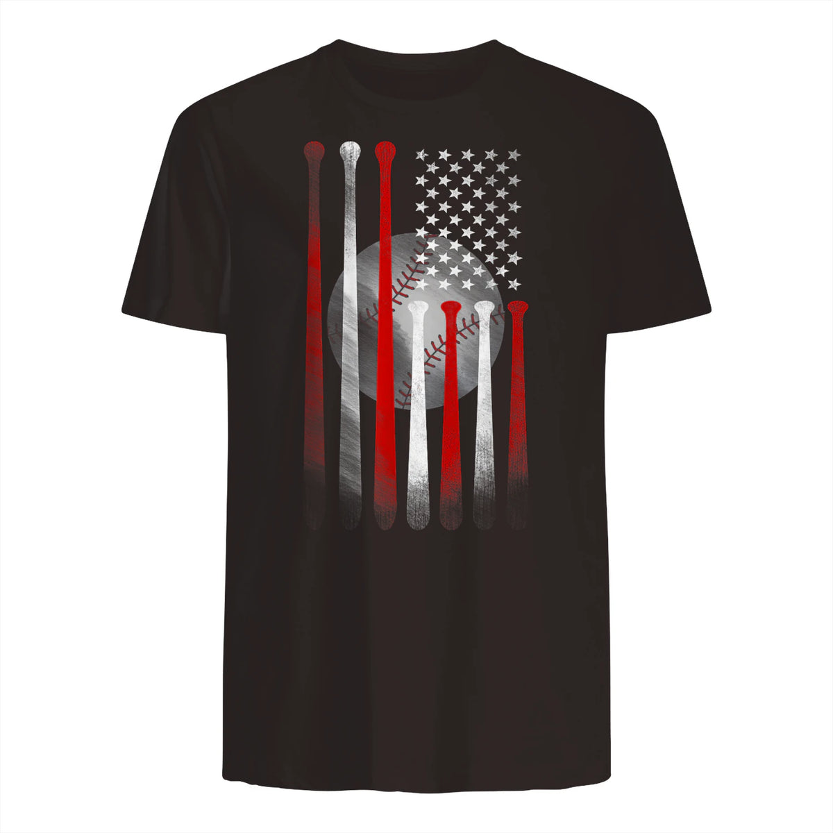 Vintage Baseball American Flag T-Shirt, Classic Fit Black Tee for Dad in Dark Chocolate - back view