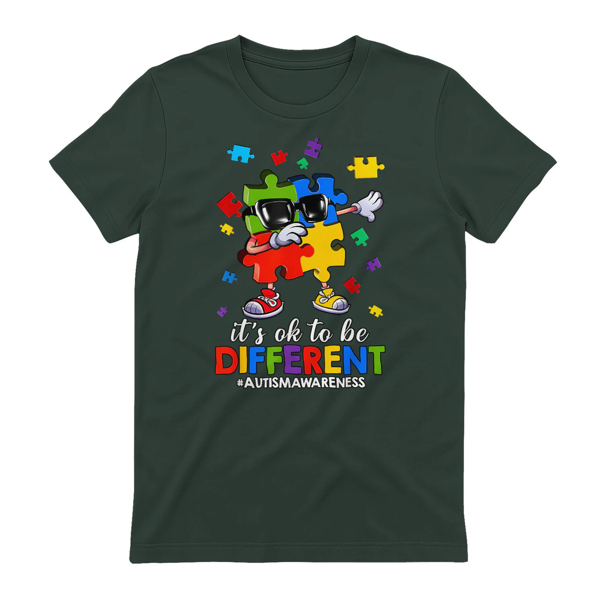It's OK to Be Different Dabbing Puzzle Autism Awareness Kids in Forest Green - back view