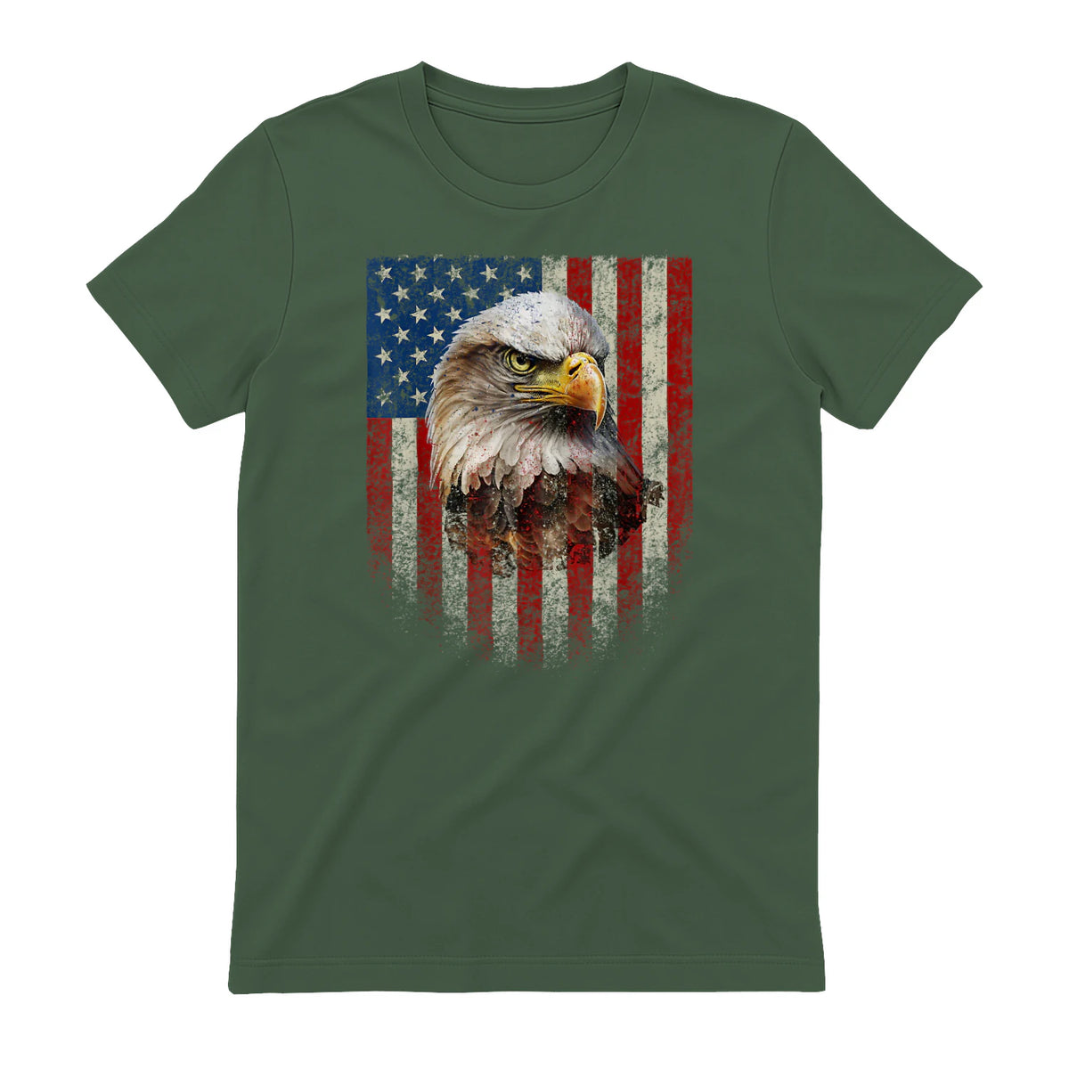American Flag Bald Eagle Patriotic Red White Blue T-Shirt in Military Green - back view