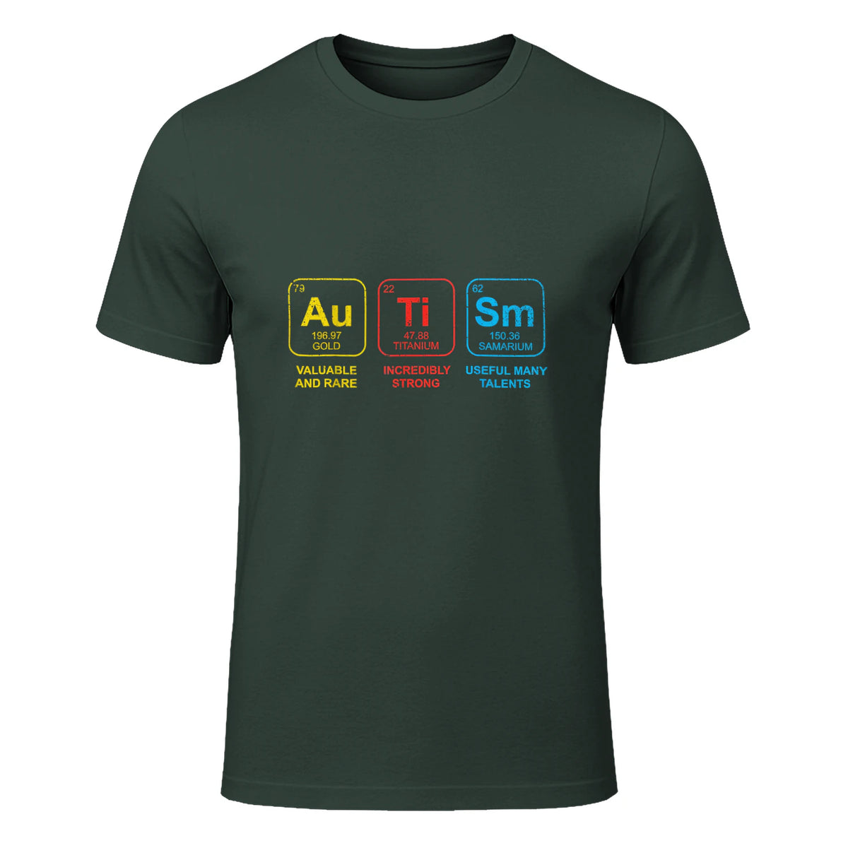 Autism Awareness Periodic Table ASD T-Shirt in Forest Green - front view