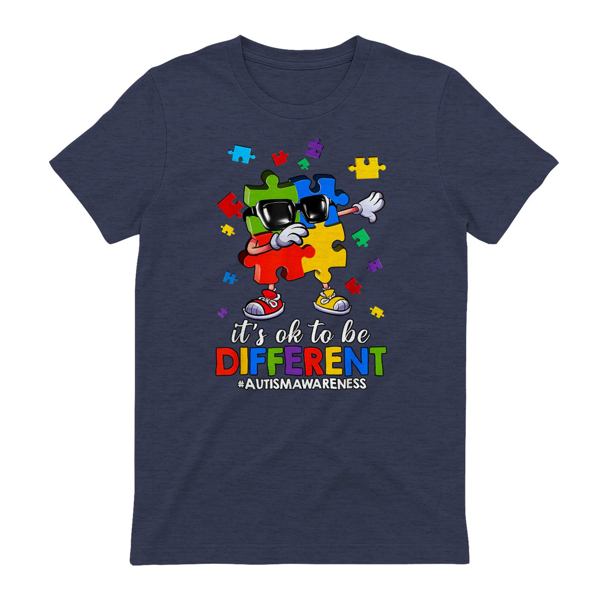 It's OK to Be Different Dabbing Puzzle Autism Awareness Kids in Heather Navy - back view